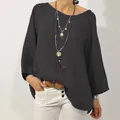Haut décontracté femme ample en coton et lin avec col rond et manches raglan en gris foncé - S / Hauts / Noir