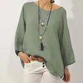 Chemisier décontracté en lin et coton vert avec col rond et manches 3/4 pour femme moderne. - S / Hauts / Vert