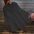 Casual plus size loose dark grey cotton linen top with 3/4 sleeves and V-neck - 3XL / Tops / Black