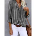 Women's casual grey striped long-sleeve blouse featuring a stylish V-neck design. - S / Tops / Dark Gray