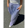 Pantaloni casual da donna a vita alta con strisce verticali blu e bianche e gamba larga - Taglia S / Pantaloni e gonne / Blu