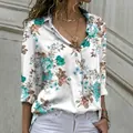 Stylish white casual floral print button-up shirt with turn-down collar and long sleeves - 3XL / Tops / White with Cyan and Pink Floral Print