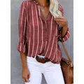 Elegant red and white vertical striped long sleeve button-up blouse for women, sku view - S / Tops / Burgundy