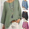Women's loose linen cotton blouse with round neck and raglan 3/4 sleeves in four solid colors - S / Tops / Dark Green