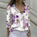 Detailed view of elegant women's loose long-sleeve shirt with purple floral prints - 3XL / Tops / White Background Purple and Brown Floral Print