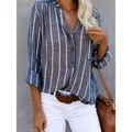 Casual women's blue and white vertical striped V-neck long sleeve shirt blouse - S / Tops / Blue