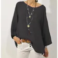 Blouse décontractée en coton et lin gris foncé avec col rond et manches raglan 3/4 - S / Hauts / Noir