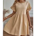 Elegant apricot cotton linen round neck loose dress featuring stylish ruffle short sleeves - S / Top And Bottom / Khaki