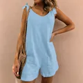 Sleeveless light blue cotton linen romper with tie straps and large pockets - S / Bottoms / Sky Blue