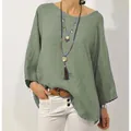 Blouse élégante en coton et lin vert sauge avec col rond et manches 3/4 pour femme - S / Hauts / Vert