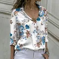 Elegant white floral print long sleeve button-down shirt for women with lapel collar - 3XL / Tops / White Floral Print with Pink and Blue