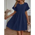 Elegant loose navy blue cotton linen dress featuring a round neck and ruffle sleeves - S / Top And Bottom / Dark Blue