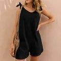 Casual black sleeveless cotton linen jumpsuit with shoulder ties and pockets - S / Bottoms / Black