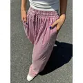 Modische gestreifte Freizeithose mit hoher Taille und weitem Bein für Damen in Rosa und Weiß - Fuchsia