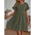 Loose round neck cotton linen dress in olive green with elegant ruffled sleeves - S / Top And Bottom / Army Green