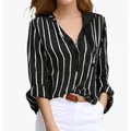 Elegant women's black and white vertical striped V-neck blouse featuring button details - S / Tops / Black