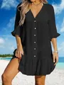 Robe de plage noire pour femme à col en V et volants dans un cadre ensoleillé - S / Noir