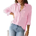 Detalle de la camisa de manga larga con rayas verticales rosa y blanco de corte holgado - S / Tops / Rosa