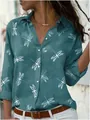 Detalle de camisa holgada de manga larga con cuello de solapa y estampado libélula. - 3XL / Tops / Estampado de Libélula Verde Oscuro