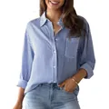Camisa informal de manga larga con rayas verticales azules y blancas y bolsillo delantero - S / Tops / Azul