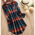 Chemise tunique à carreaux colorés à manches longues et poche pour femmes - S / Hauts / Plaid Café