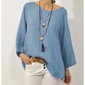 Chemisier bleu en coton et lin avec col rond et manches raglan 3/4 pour un look décontracté - S / Hauts / Bleu