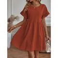Burnt orange cotton linen dress featuring crew neck and loose fit with ruffle sleeves - S / Top And Bottom / Rust Red