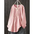 Pink cotton linen long sleeve blouse with pleated detail and loose fit - M / Tops / Pink