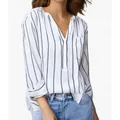 Stylish casual women's long sleeve white blouse featuring elegant vertical navy stripes - S / Tops / White