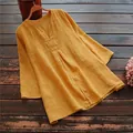 Haut décontracté jaune effet lin pour femme avec col en V et une coupe ample chic - S / Hauts / Jaune