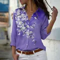 Elegant purple floral print blouse with bird motif and button-down front for women - 3XL / Tops / Violet Floral & Bird Print