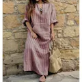Bohemian loose purple striped cotton linen maxi dress with long sleeves and front pocket - S / Top And Bottom / Burgundy Stripes