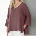 Detail of V-neck cotton linen blouse with 3/4 sleeves and side slits in mauve - S / Tops / Burgundy