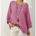 Elegant mauve cotton linen blouse with round neck and raglan 3/4 sleeves - S / Tops / Rose Red