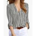 Casual women's gray long-sleeve shirt with black vertical stripes and V-neck - S / Tops / Light Gray