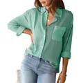 Camisa informal de rayas verdes y blancas con botones, manga larga y bolsillo - S / Tops / Verde