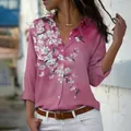Elegant women's pink long-sleeve button-down shirt featuring delicate floral and bird prints - 3XL / Tops / Dark Pink Floral & Bird Print
