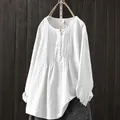 Comoda camicia ampia in cotone e lino bianco con maniche lunghe a pieghe e girocollo - Taglia M / Top / Bianco