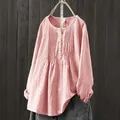 Camicia rosa a maniche lunghe in cotone e lino con scollo rotondo a pieghe - Taglia M / Top / Rosa