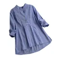 Blue and white checkered long-sleeve blouse with stand collar and buttons for women. - S / Tops / Blue