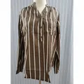 Fashionable brown striped long sleeve shirt with V-neck and asymmetric hem design - S / Tops / Khaki