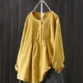Camicia ampia in lino di cotone giallo plissettato a maniche lunghe con bottoni - Taglia M / Top / Giallo