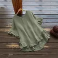 Sage green plus size round neck top with ruffled lotus leaf hem and bell sleeves - 1XL / Tops / Light Green