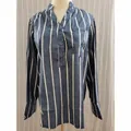 Navy blue vertical striped long-sleeved shirt with chest pocket and V-neckline - S / Tops / Blue
