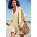 Loose yellow beach cover-up dress with ruffle trim and V-neckline for vacation - S / Tops / Apricot