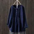 Camicetta ampia in cotone e lino blu navy a maniche lunghe con pieghe sullo scollo - Taglia M / Top / Blu