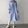 Chaqueta camisera larga y holgada de manga larga con rayas verticales azules y blancas - S / Tops / Raya Azul