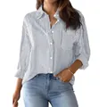 Casual loose-fitting blue and white vertical striped long sleeve button-down shirt for women - S / Tops / Gray