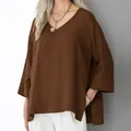 Women's loose fit V-neck cotton linen shirt in coffee brown featuring 3/4 sleeves and side slits - S / Tops / Coffee