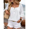Casual white linen blouse with three-quarter sleeves for summer vacation - S / Tops / White